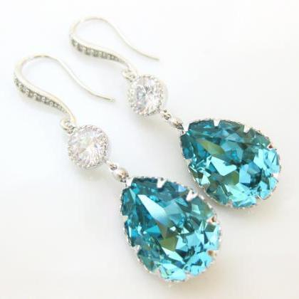 Teal Blue Earrings Swarovski Crystal Light..