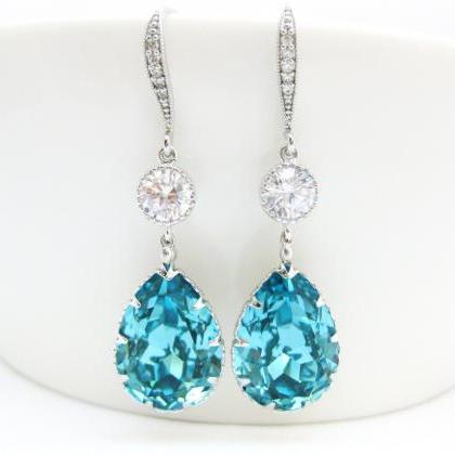 Teal Blue Earrings Swarovski Crystal Light..