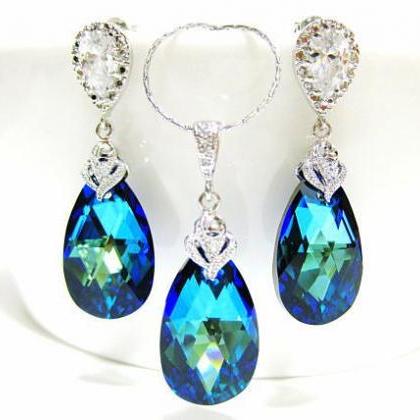 Bermuda Blue Swarovski Crystal Teardrop Necklace..