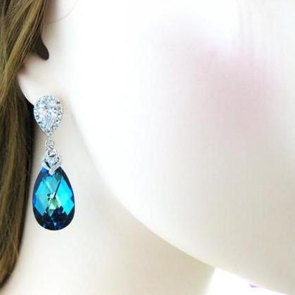 Bermuda Blue Swarovski Crystal Teardrop Necklace..