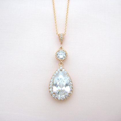 Rose Gold Wedding Necklace Bridal Clear Crystal..