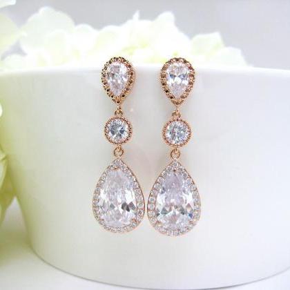 Rose Gold Wedding Necklace Bridal Clear Crystal..