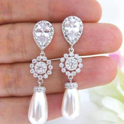 Pearl Bridal Earrings Wedding Jewelry Swarovski..