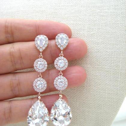 Rose Gold Bridal Crystal Necklace Swarovski Clear..