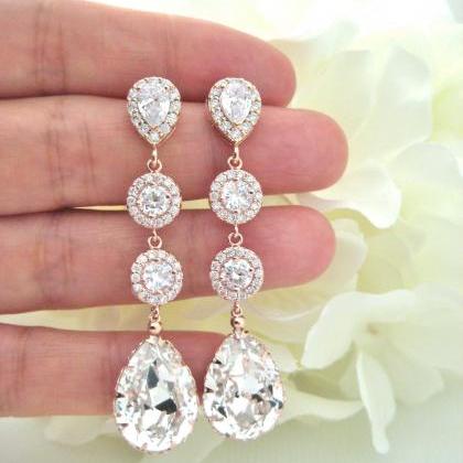 Rose Gold Bridal Crystal Necklace Swarovski Clear..