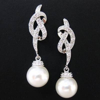 Bridal Pearl Earrings Wedding Pearl Jewelry Ribbon Bow Earrings Swarovski 10mm Pearl Bridesmaid Gift Pearl Drop Dangle Earrings (E012)