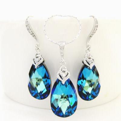 Bermuda Blue Teardrop Earrings & Necklace Gift Set Swarovski Crystal Wedding Jewelry Bridesmaid Gift Bridal Drop Earrings (NE043)