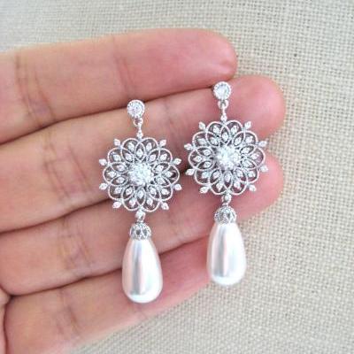 Bridal Pearl Earrings Vintage Wedding Earrings Swarovski Teardrop Pearl Drop Dangle Earrings Chandelier Earrings Bridesmaids Gift (E123)