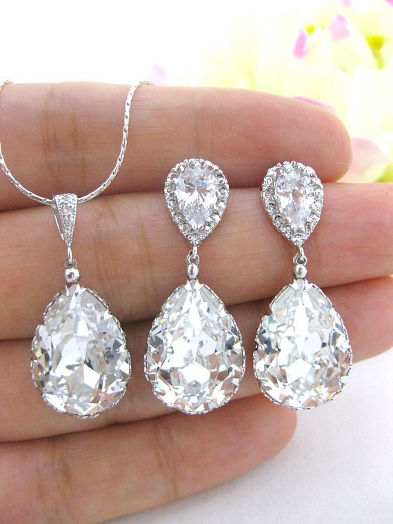 Bridal Crystal Earrings & Necklace Gift Set Swarovski Crystal Teardrop Wedding Jewelry Bridesmaids Gift Cubic Zirconia Jewelry (ne031)