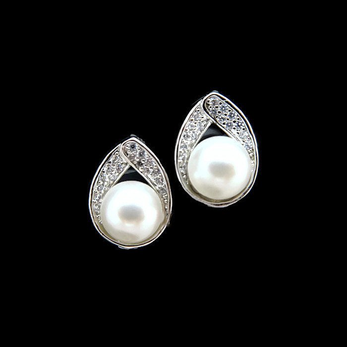 Bridal Pearl Earrings Cubic Zirconia Stud Earrings Swarovski 8mm Round Pearl Wedding Jewelry Teardrop Earrings Bridesmaid Gift (e022)