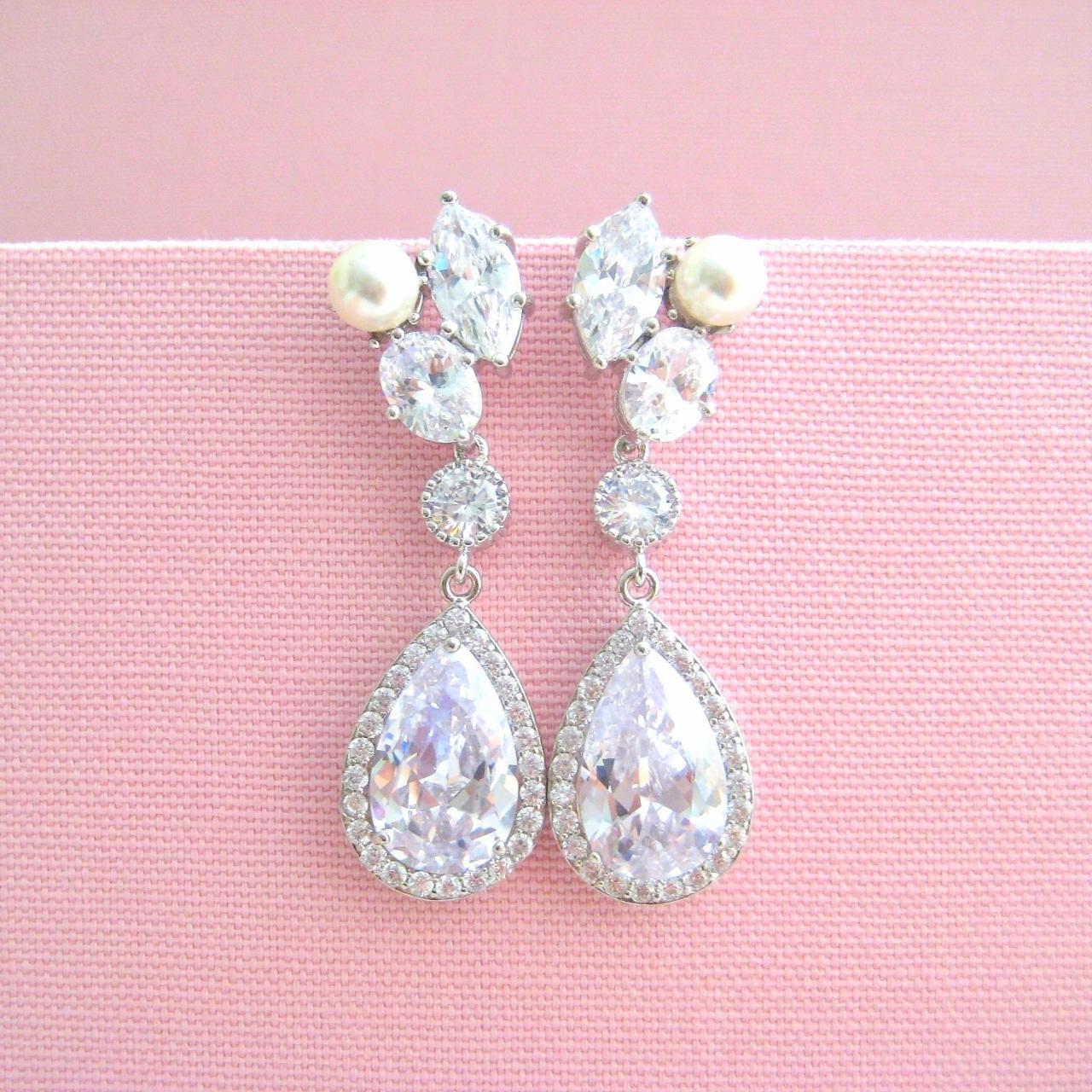 Crystal Bridal Earrings Wedding Teardrop Earrings Long Bridal Earrings Swarovski Pearl Earrings Bridesmaids Gift (e311)
