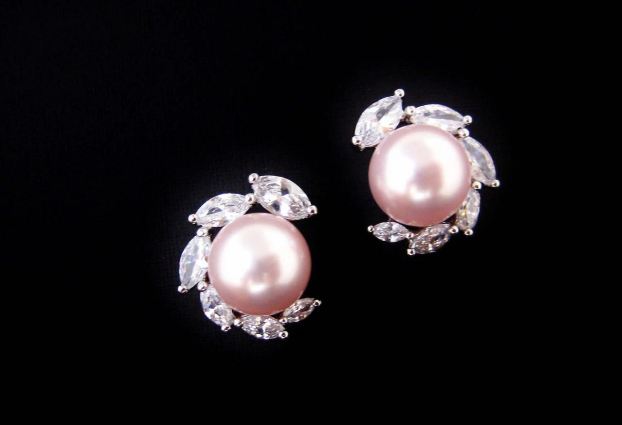 Bridal Pearl Earrings Cubic Zirconia Stud Earrings Wedding Jewelry Swarovski 10mm Pearl Bridesmaids Gift (e305)