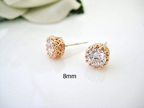 Rose Gold Stud Earrings 8mm Cubic Zirconia Stud Earrings Bridal Crystal Earrings Wedding Jewelry Bridesmaids Gift Minimalist Jewelry (E093)