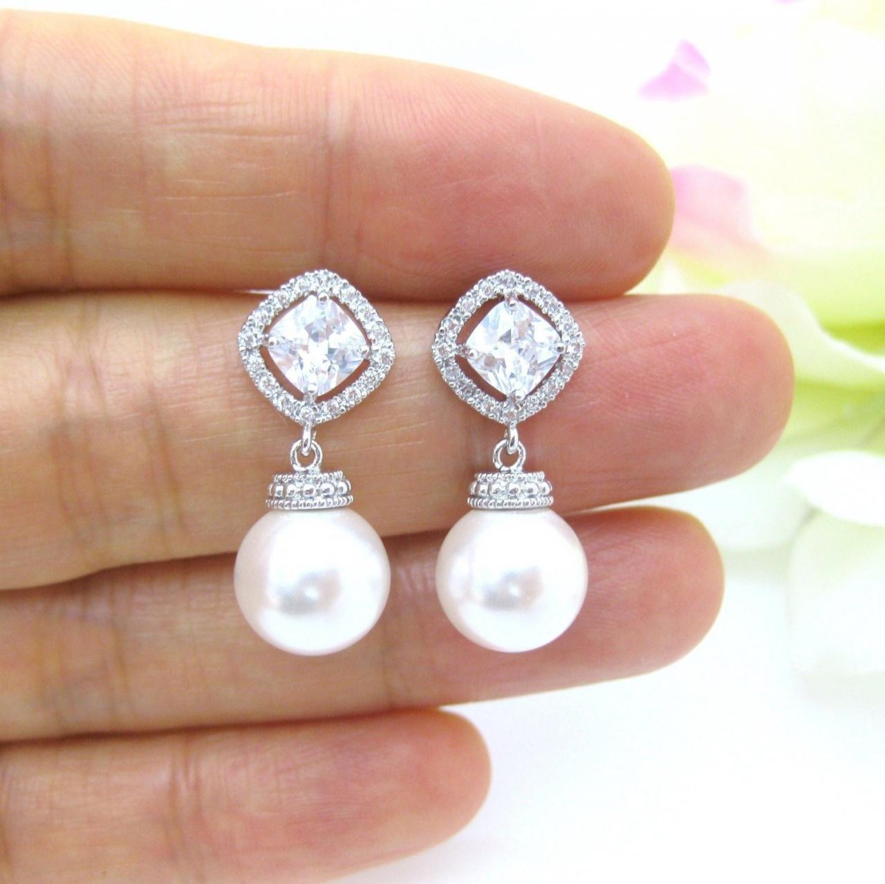 Bridal Pearl Earrings Wedding Pearl Jewelry Swarovski 10mm Round Pearl Cubic Zirconia Earrings Mother Of The Bride Bridesmaid Gift (e152)