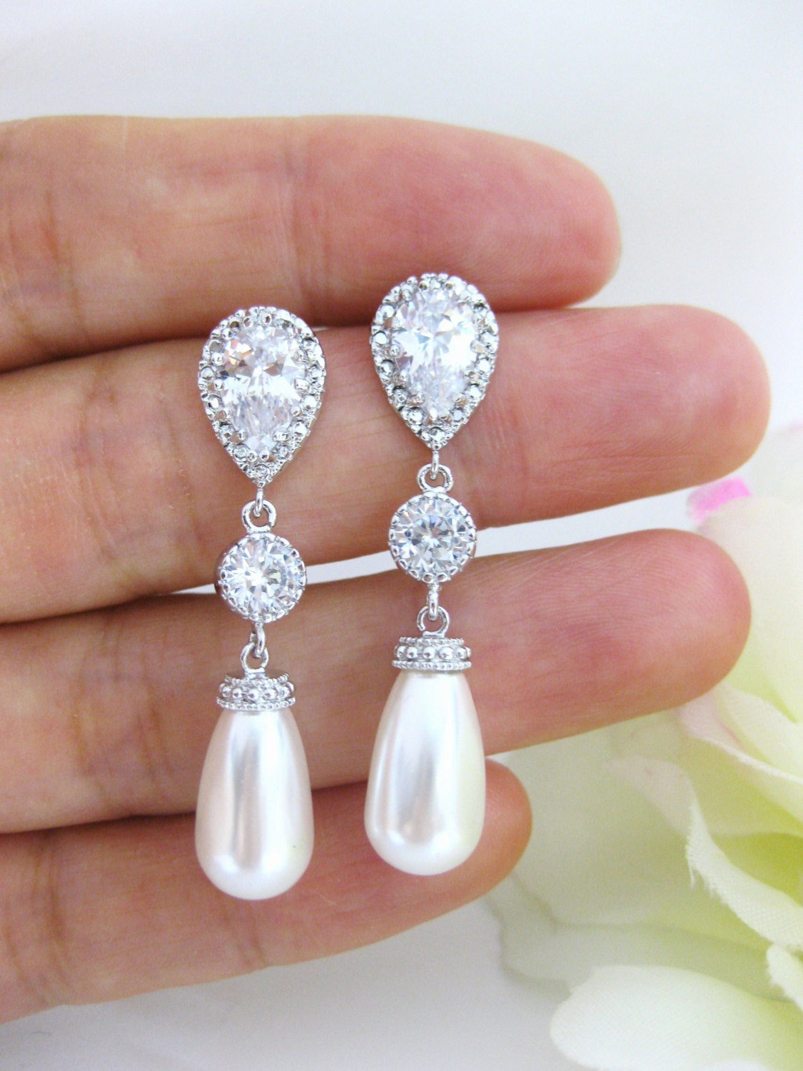 Bridal Pearl Earrings Wedding Jewelry Swarovski Teardrop Pearl Cubic Zirconia Earrings Bridesmaid Gift Long Pearl Earrings (e089)
