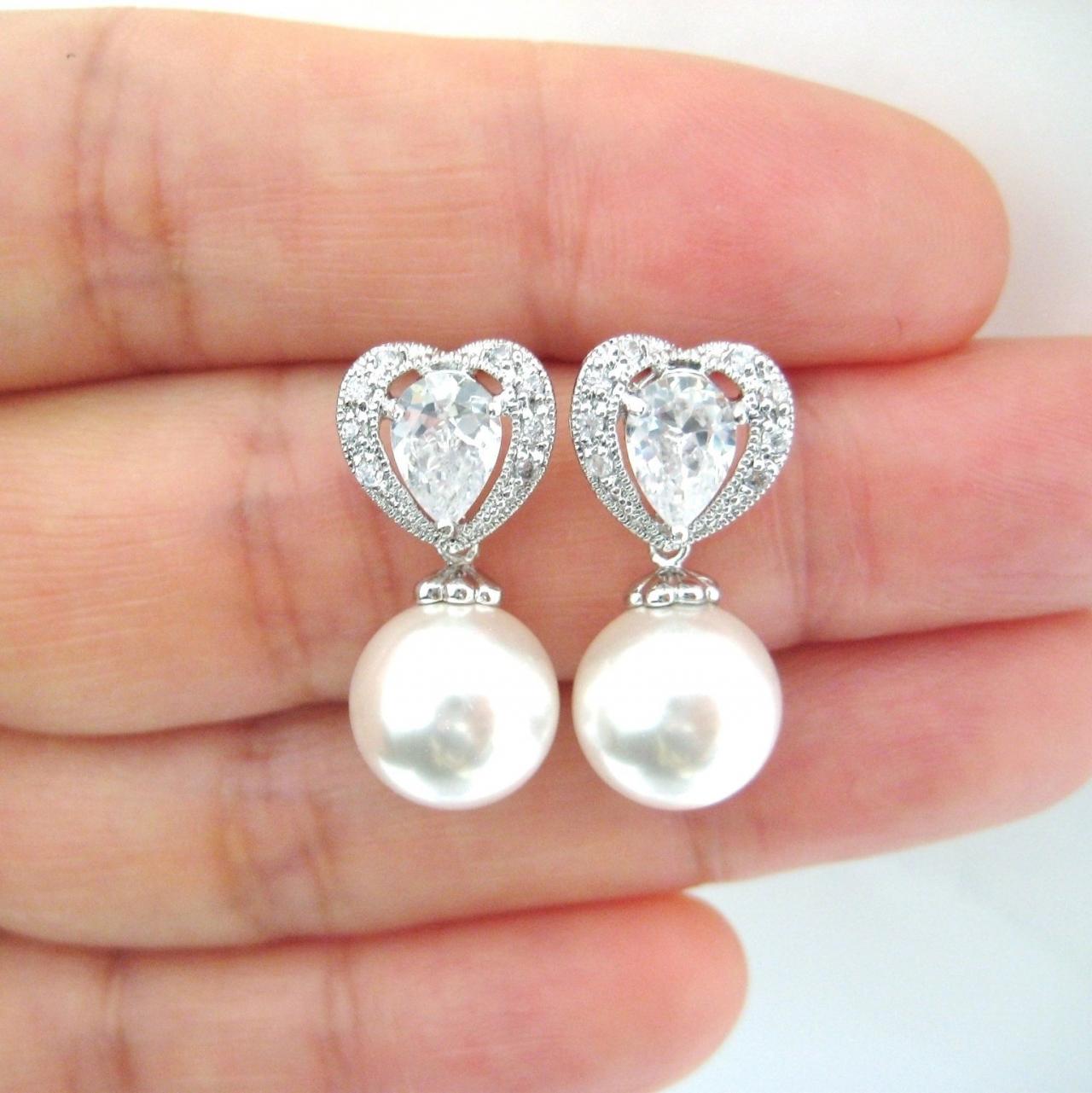 Bridal Pearl Earrings Wedding Earrings Swarovski 10mm Round Pearl Heart-shaped Cubic Zirconia Earrings Bridesmaid Gift (e309)