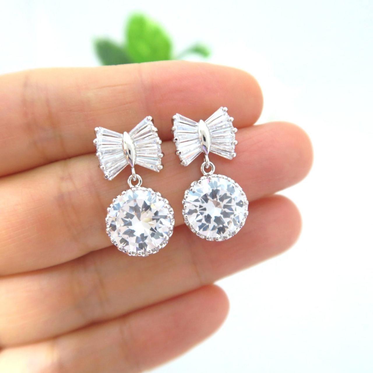 Ribbon Bow Cubic Zirconia Round Crystal Earrings Wedding Jewelry Bridesmaid Gift Birthday Gift (e185)