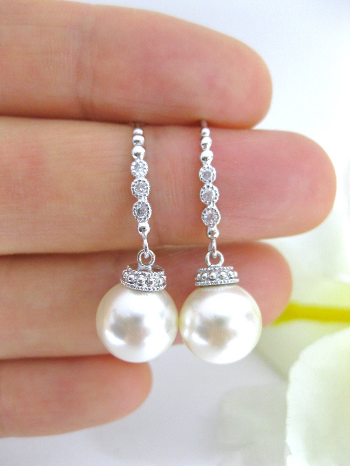 Bridal Pearl Earrings Wedding Jewelry Swarovski 10mm Round Pearl Earrings Bridesmaid Gift Silver Earrings (e132)