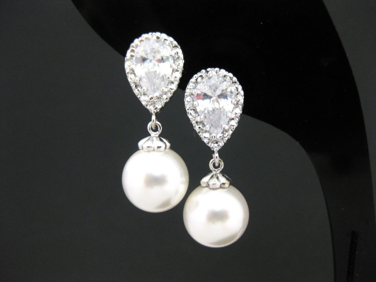 Bridal Pearl Earrings Wedding Jewelry Swarovski 10mm Round Pearl Cubic Zirconia Earrings Bridesmaid Gift Silver Earrings (e176)