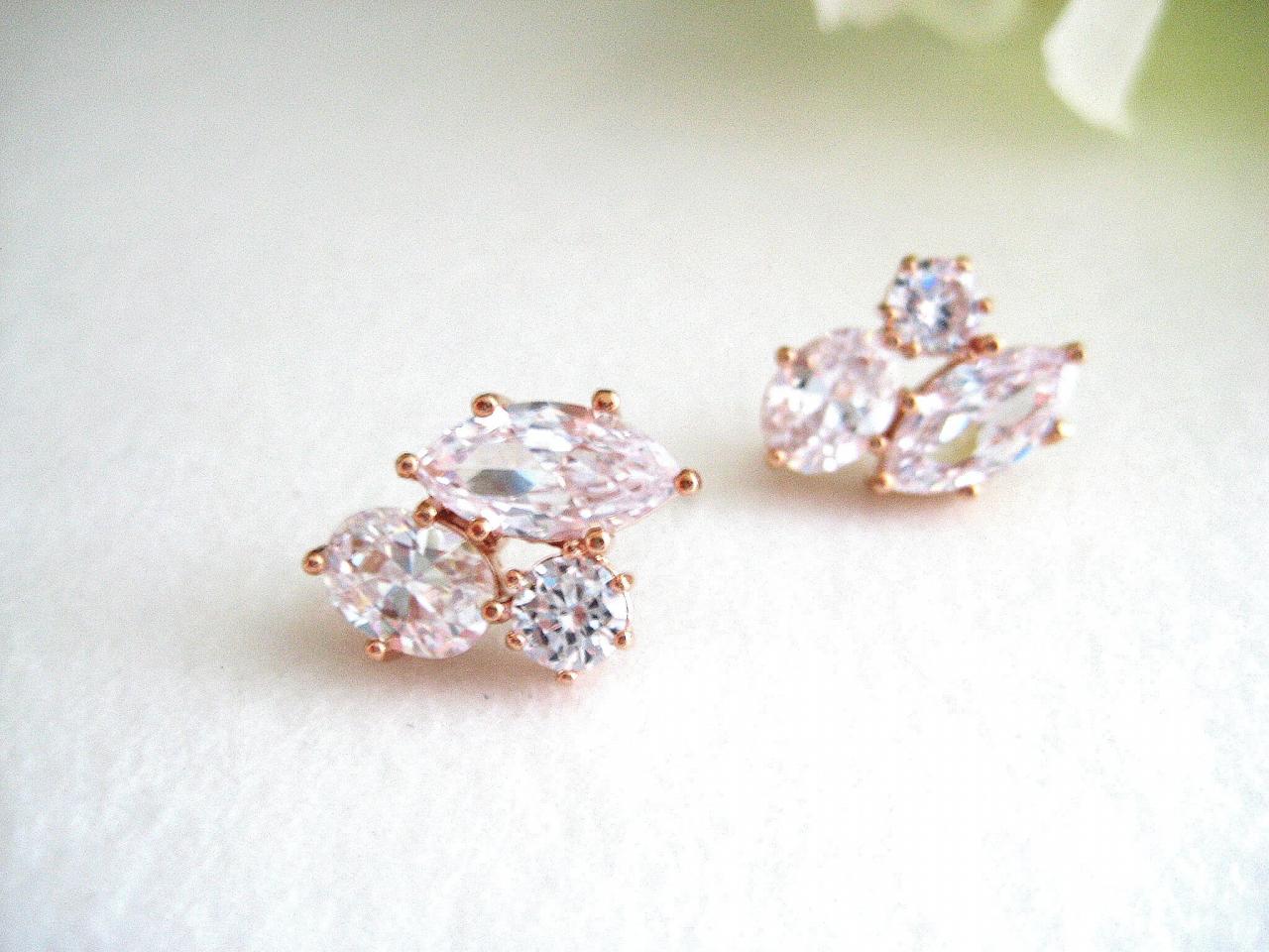 Bridal Crystal Stud Earrings Rose Gold, Clear Cubic Zirconia Earrings, Wedding Jewelry, Bridesmaid Gift, Multi-stone Earrings (e018)