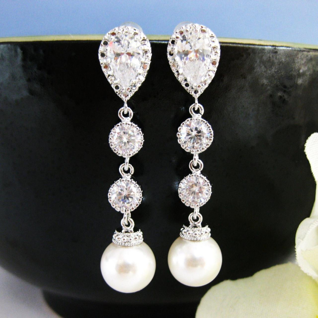 Bridal Pearl Earrings Swarovski 10mm Round Pearl Wedding Jewelry Pearl Dangle Earrings Bridesmaid Gift Cubic Zirconia Earrings (e039)