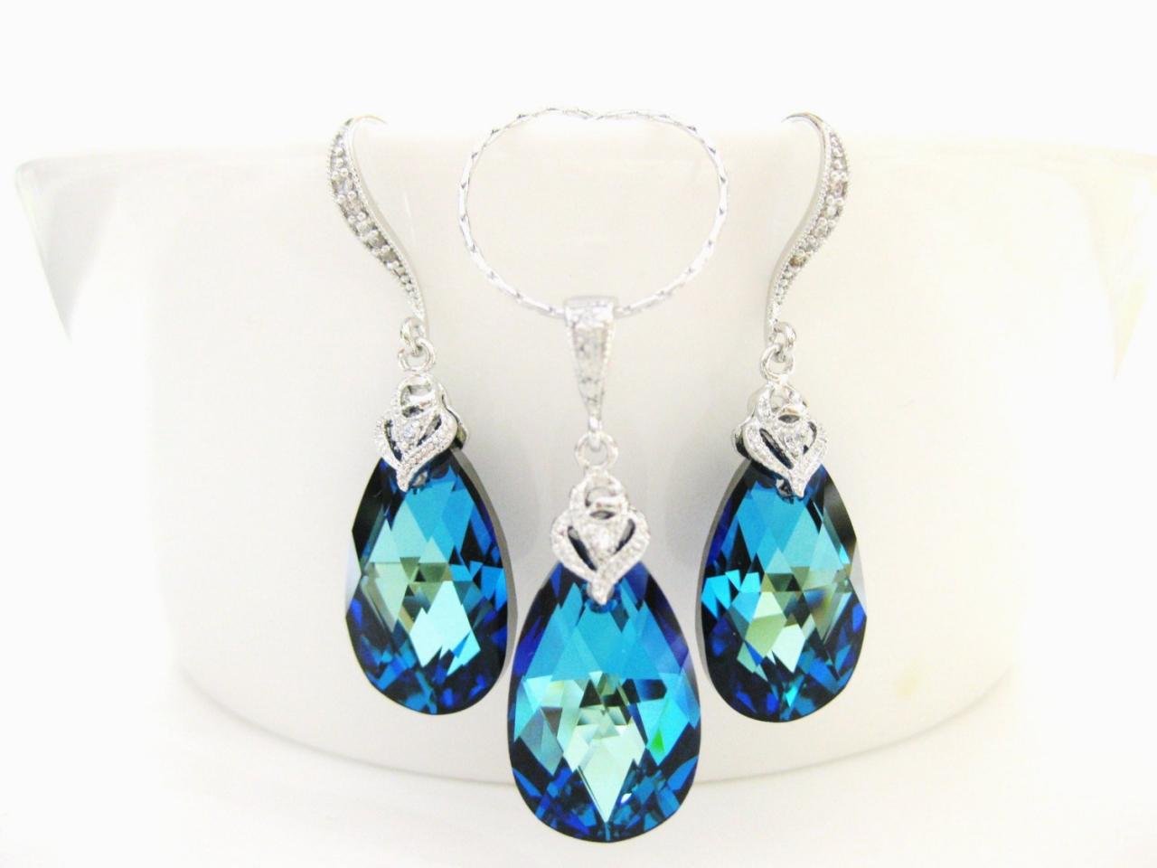 Bermuda Blue Teardrop Earrings & Necklace Gift Set Swarovski Crystal Wedding Jewelry Bridesmaid Gift Bridal Drop Earrings (ne043)