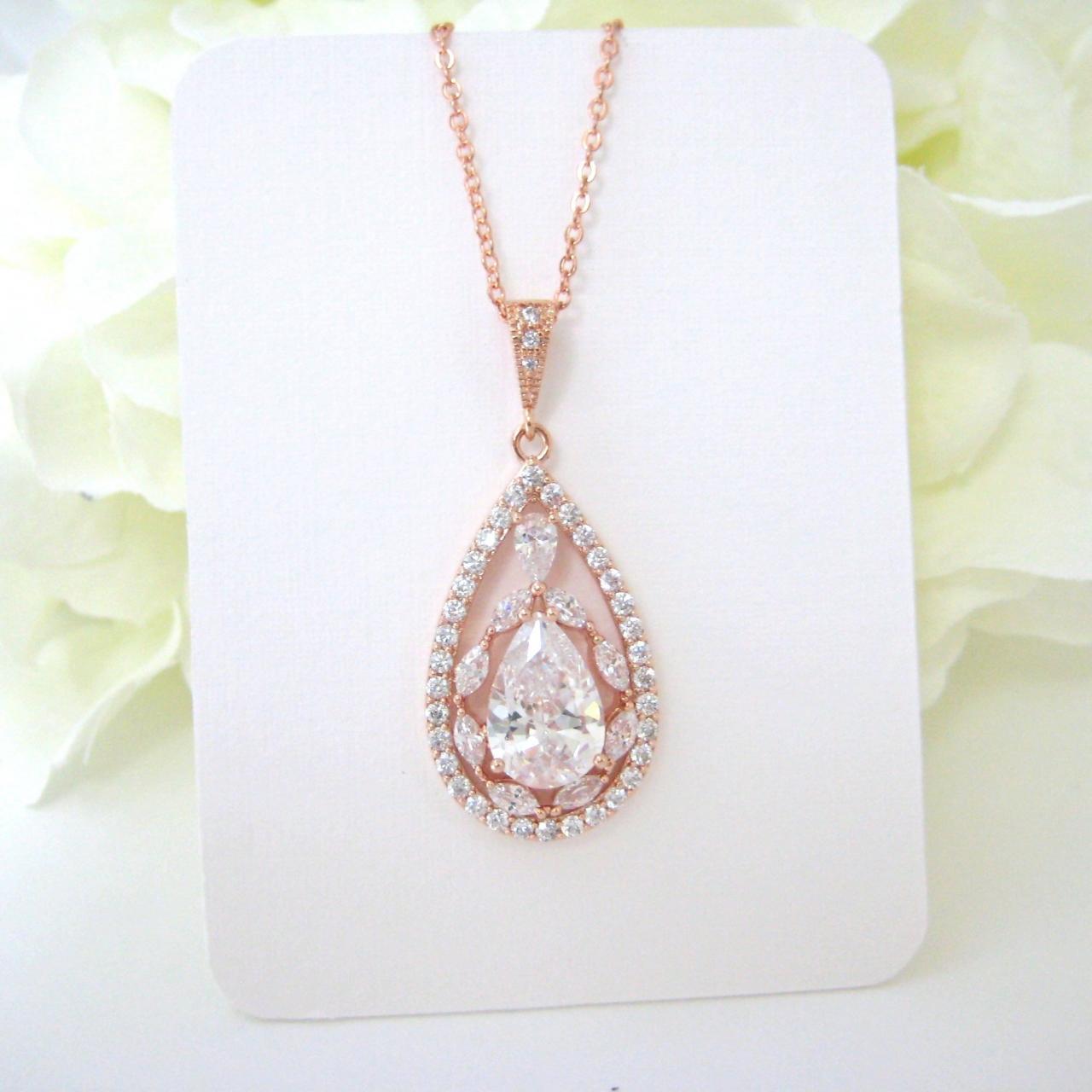 Rose Gold Bridal Crystal Necklace Cubic Zirconia Teardrop Necklace Bridal Drop Necklace Wedding Necklace Bridesmaid Gift (n065)