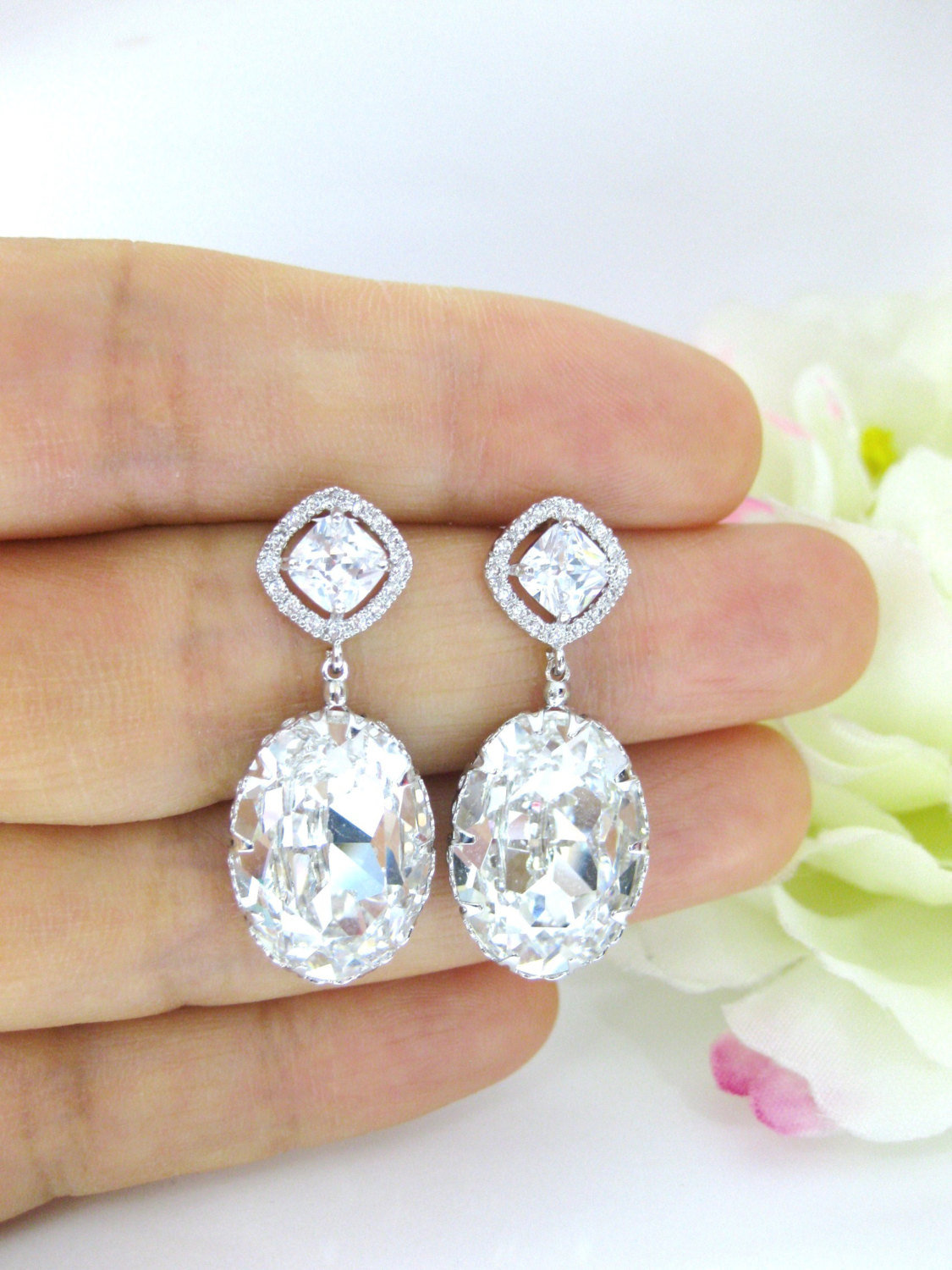 Bridal Clear Crystal Earrings Clear Teardrop Earrings Swarovski Crystal Oval Teardrop Earrings Square Cut Earrings Wedding Earrings (e170)