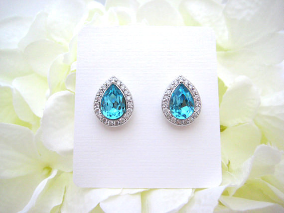 Swarovski Teal Blue Stud Earrings Light Turquoise Earrings Sky Blue Earrings Wedding Earring Bridal Stud Earrings Cubic Zirconia (e303)