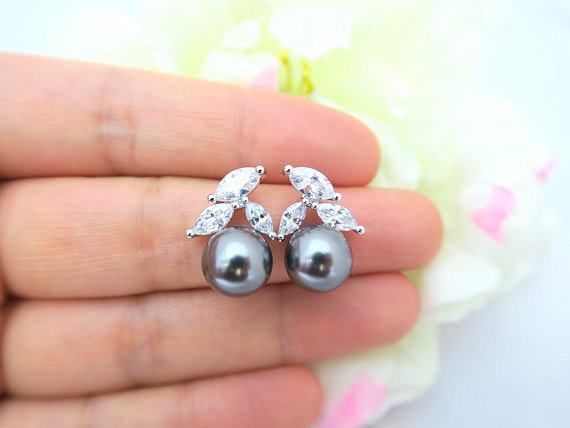 Dark Grey Pearl Earrings Wedding Jewelry Bridesmaids Gift Cubic Zirconia Stud Earrings Charcoal Pearl Swarovski 10mm Pearl (e200)