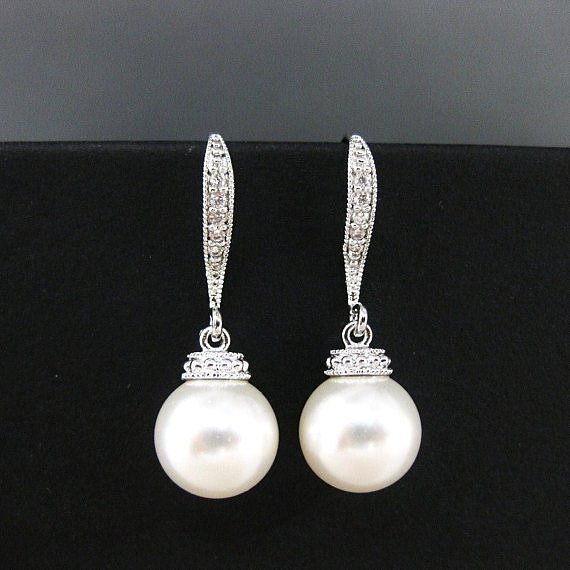 Bridal Pearl Earrings Wedding Pearl Earrings Swarovski 10mm Pearl Bridesmaids Gift Cubic Zirconia Earrings Bridal Party Drop Earrings (e005)