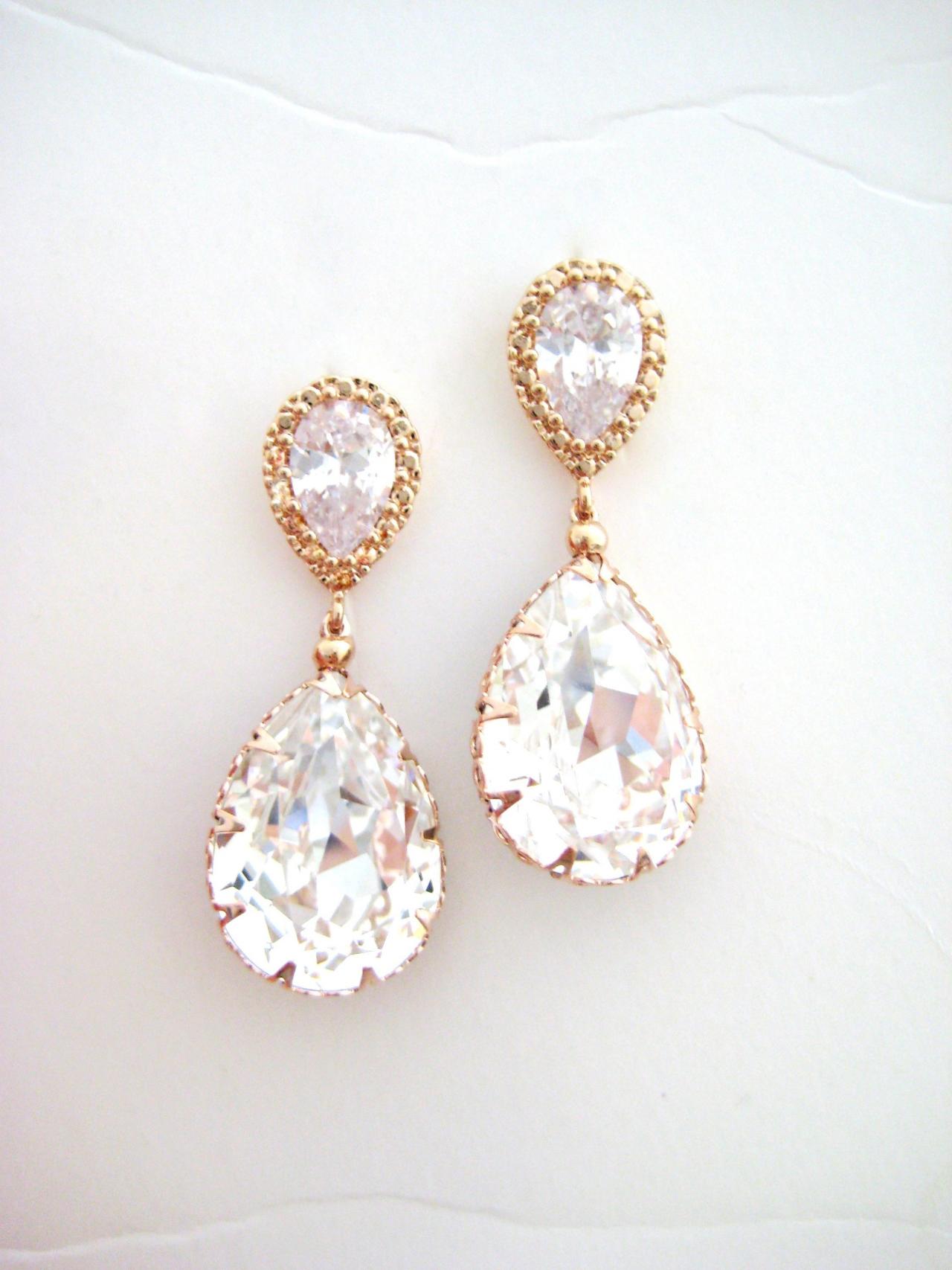 Bridal Crystal Earrings Rose Gold Wedding Jewelry Swarovski Crystal Teardrop Earrings Bridesmaid Gift Bridal Party Earrings (e008)