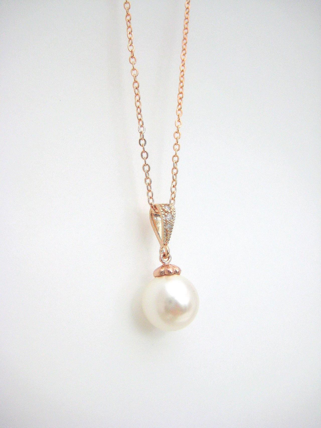Rose Gold Bridal Pearl Necklace Wedding Pearl Necklace Rose Gold Necklace Swarovski 10mm Pearl Bridesmaid Gift Single Pearl Necklace (n053)