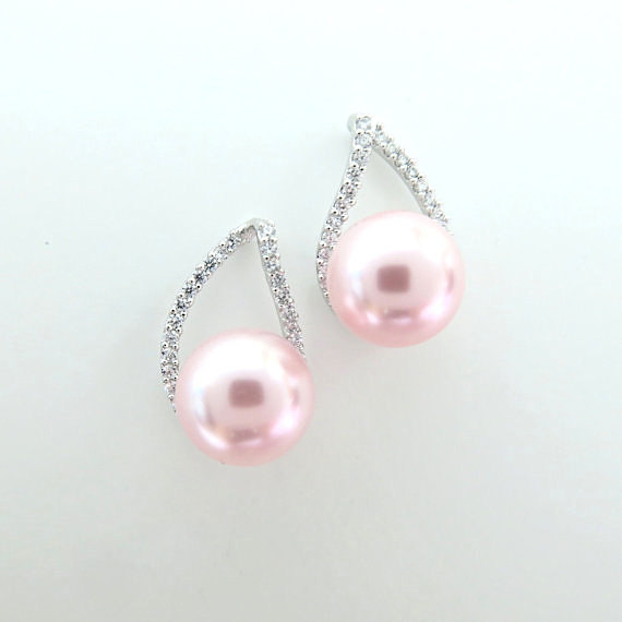 Blush Pink Pearl Earrings Bridal Cubic Zirconia Teardrop Earrings Swarovski Rosaline 10mm Pearl Wedding Jewelry Bridesmaids Gift (e105)