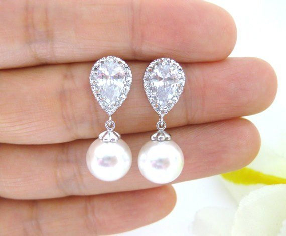 Bridal Pearl Earrings Swarovski 10mm Round Pearl Earrings Drop Dangle Earrings Wedding Jewelry Bridesmaid Gift Bridal Earrings (e176)