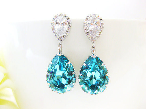Teal Blue Swarovski Crystal Earrings Wedding Jewelry Bridal Drop Earrings Light Turquoise Earrings Bridesmaids Gift Blue Earrings (e144)