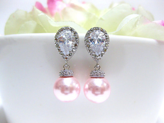 Blush Pink Earrings Bridal Pearl Earrings Wedding Jewelry Swarovski Rosaline 10mm Pearl Bridesmaids Gift Cubic Zirconia Earrings (e014)