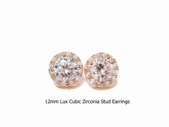 Bridal Crystal Earrings Lux Cubic Zirconia Stud Earrings 12mm Round Halo Vintage Style Button Earrings Wedding Jewelry (e218)