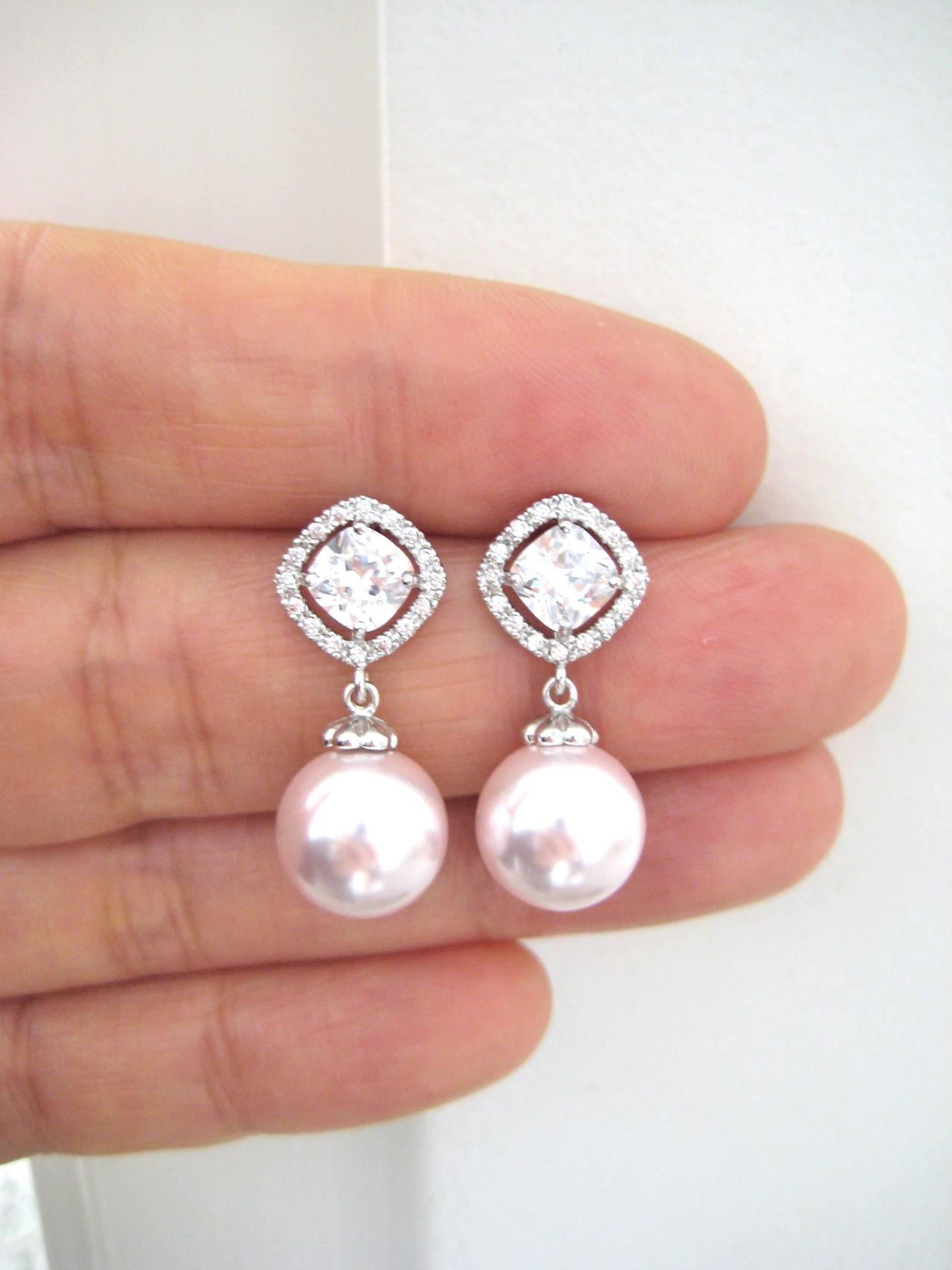 Bridal Pearl Earrings Wedding Pearl Jewelry Swarovski 10mm Round Pearl Cubic Zirconia Earrings Mother Of The Bride Bridesmaid Gift (e152)