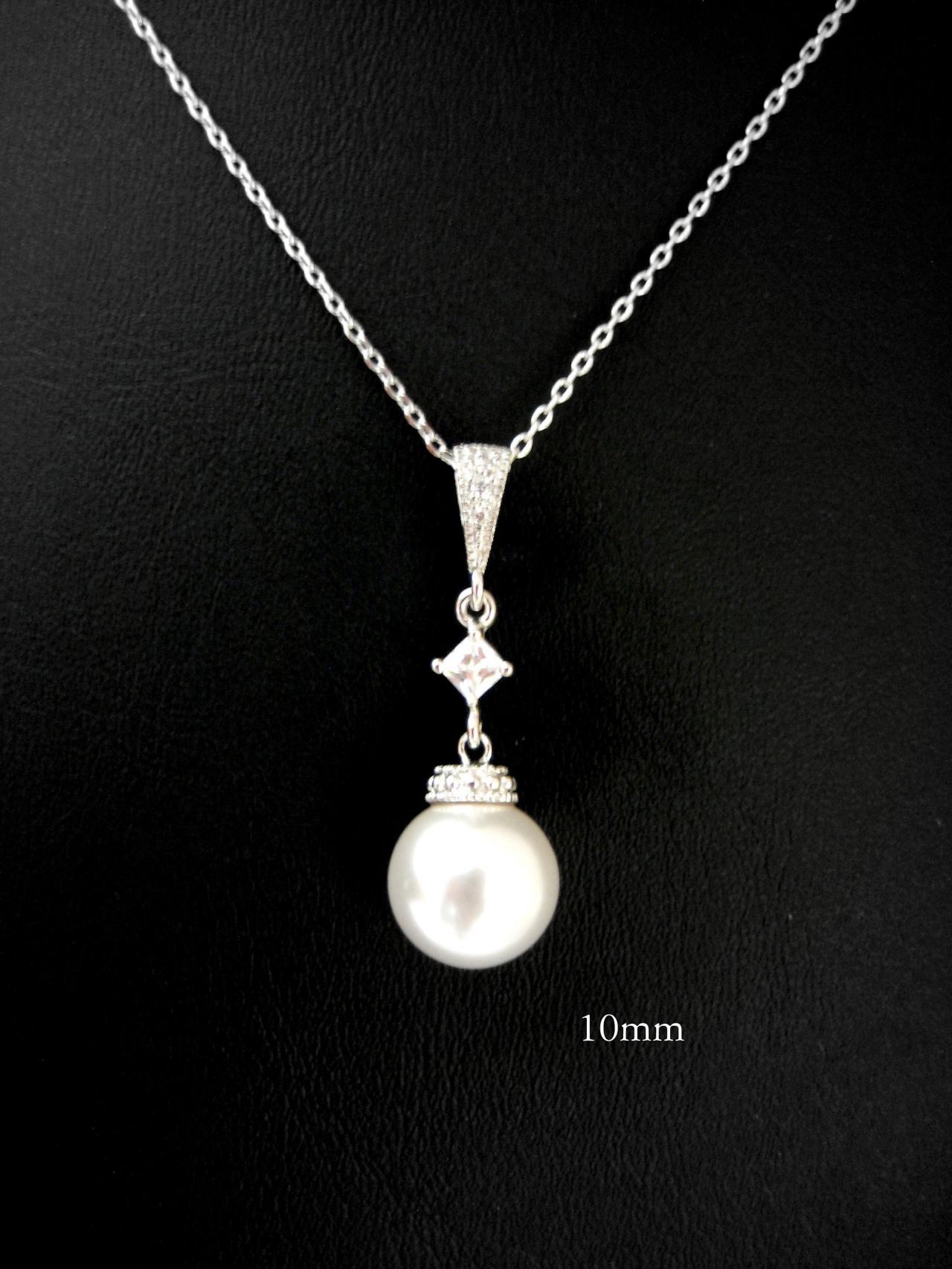 Bridal Pearl Necklace Swarovski 10mm Round Pearl Drop Dangle Necklace Bridesmaid Gift Wedding Jewelry Birthday Gift (n049)