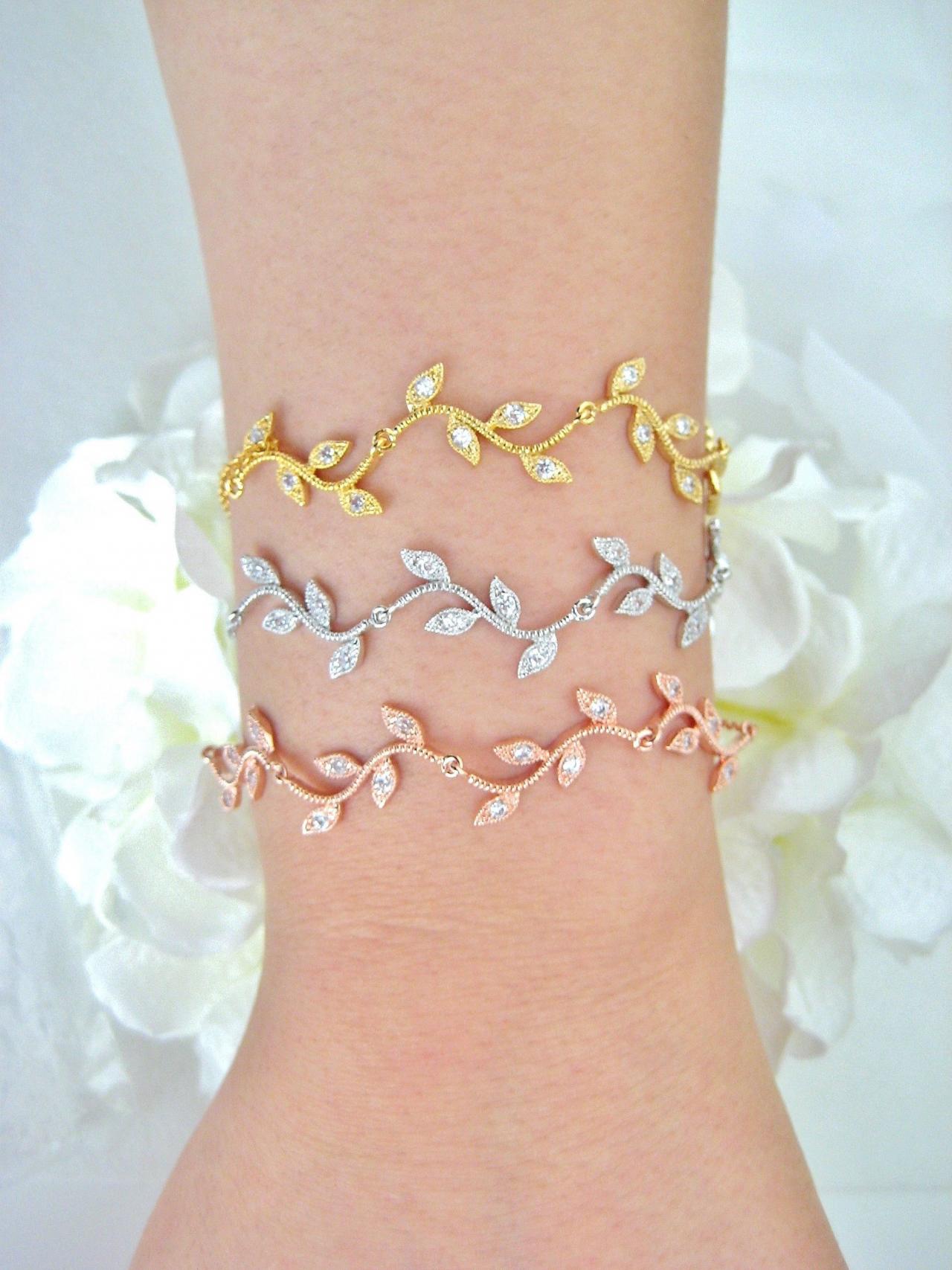 Bridal Vine Bracelet, Delicate Leafy Bracelet, Cubic Zirconia Wavy Vine Bracelet, Rose Gold Bracelet, Floral Wedding Bracelet (b007)