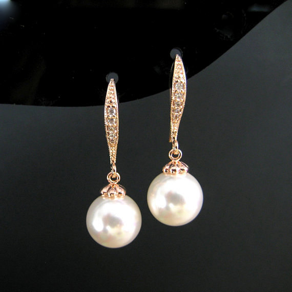 Rose Gold Pearl Earrings Bridal Pearl Earrings Swarovski 10mm Round Pearl Wedding Jewelry Bridesmaid Gift Ear Hooks Drop Earrings (e004)