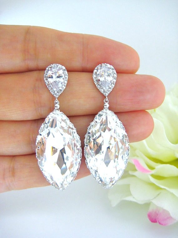 Swarovski Crystal Teardrop Earrings Navette Drop Earrings Wedding Jewelry Bridesmaid Gift Cubic Zirconia Earrings Square Cut Earrings (E195)