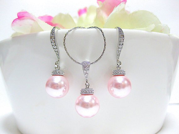 Bridal Pearl Earrings Light Pink Wedding Earrings Swarovski Rosaline 10mm Pearl Wedding Jewelry Bridesmaid Gift Gift For Her (ne029)