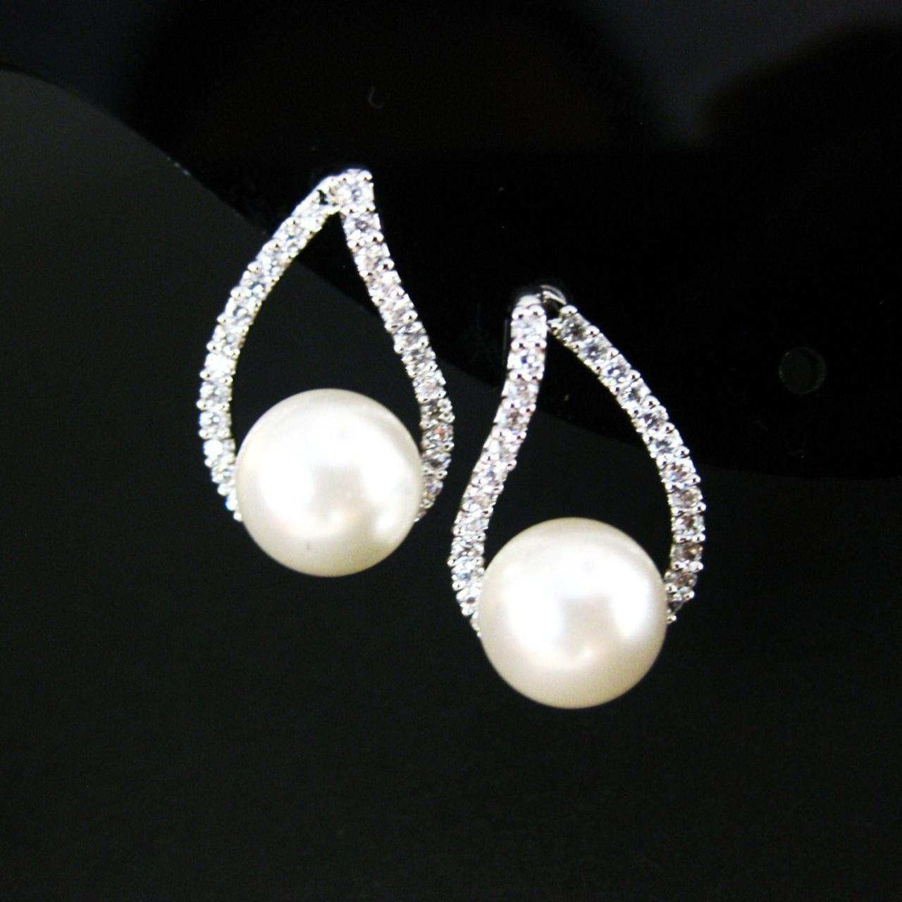 Bridal Pearl Earrings Wedding Jewelry Cubic Zirconia Teardrop Earrings Swarovski 8mm Pearl Silver Stud Earrings Bridesmaids Gift (e105)