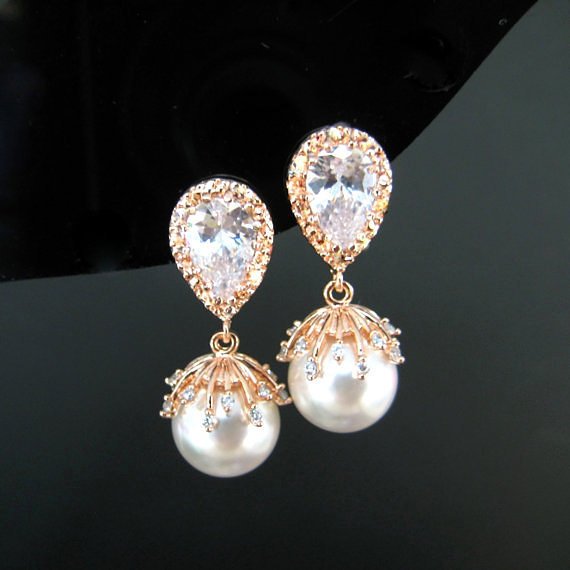 Rose Gold Bridal Pearl Earrings Swarovski 10mm Round Pearl Cubic Zirconia Earrings Wedding Jewelry Bridesmaid Gift Mother Of Bride (e301)
