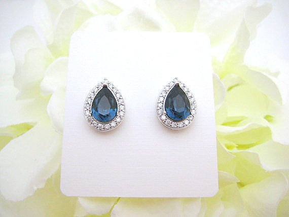 Swarovski Montana Blue Teardrop Stud Earrings Navy Blue Crystal Earrings Bridesmaids Gift Cubic Zirconia Earrings Wedding Jewelry (e303)