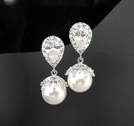 Bridal Pearl Earrings Swarovski 10mm Pearl Floral Cubic Zirconia Wedding Jewelry Bridesmaid Gift Birthday Gift Mother Of The Bride (e301)