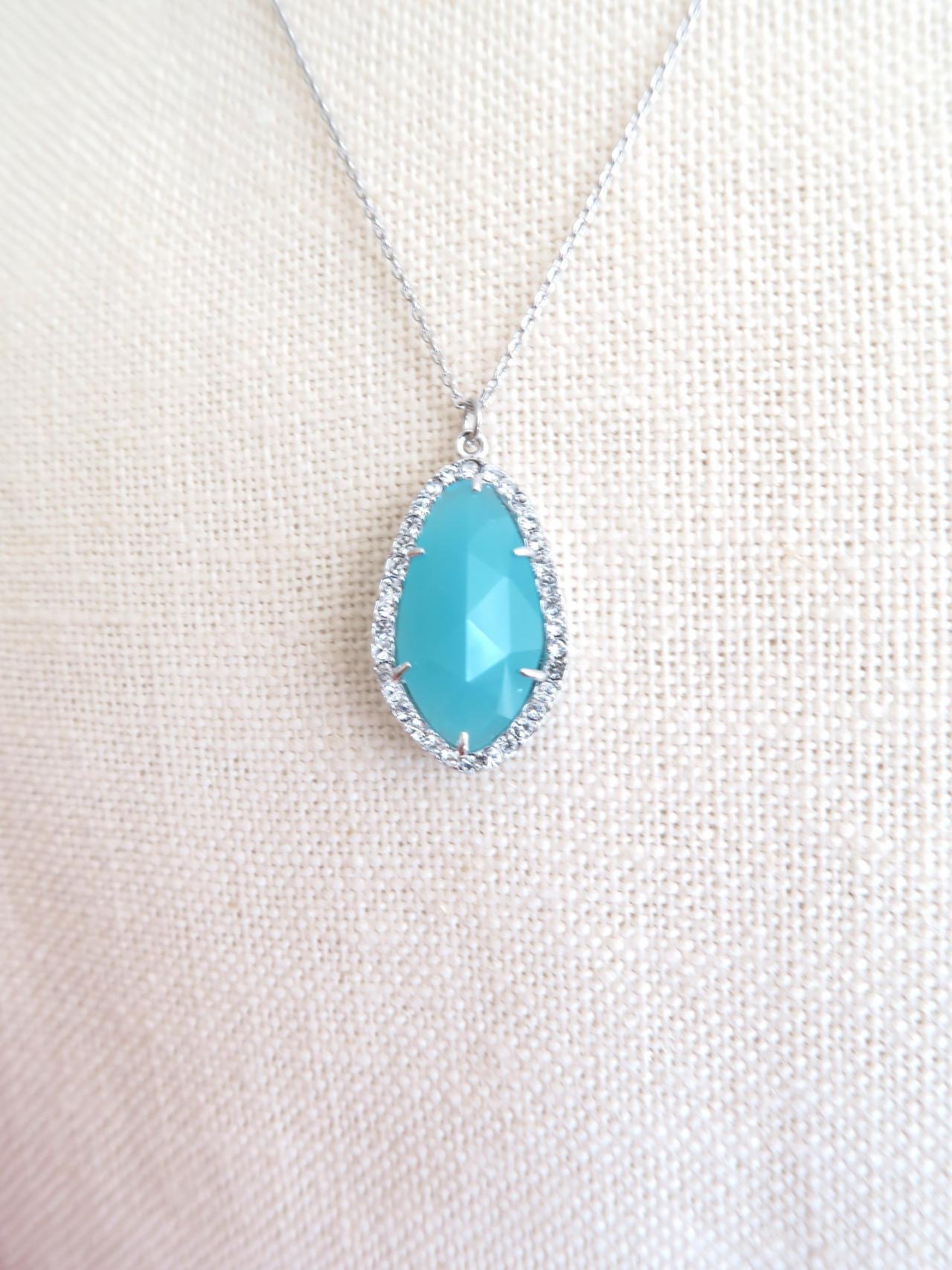 Cloudy Mint Teardrop Necklace Light Blue Crystal Charm Necklace Sky Blue Wedding Necklace Bridesmaids Gift Birthday Gift (n013)