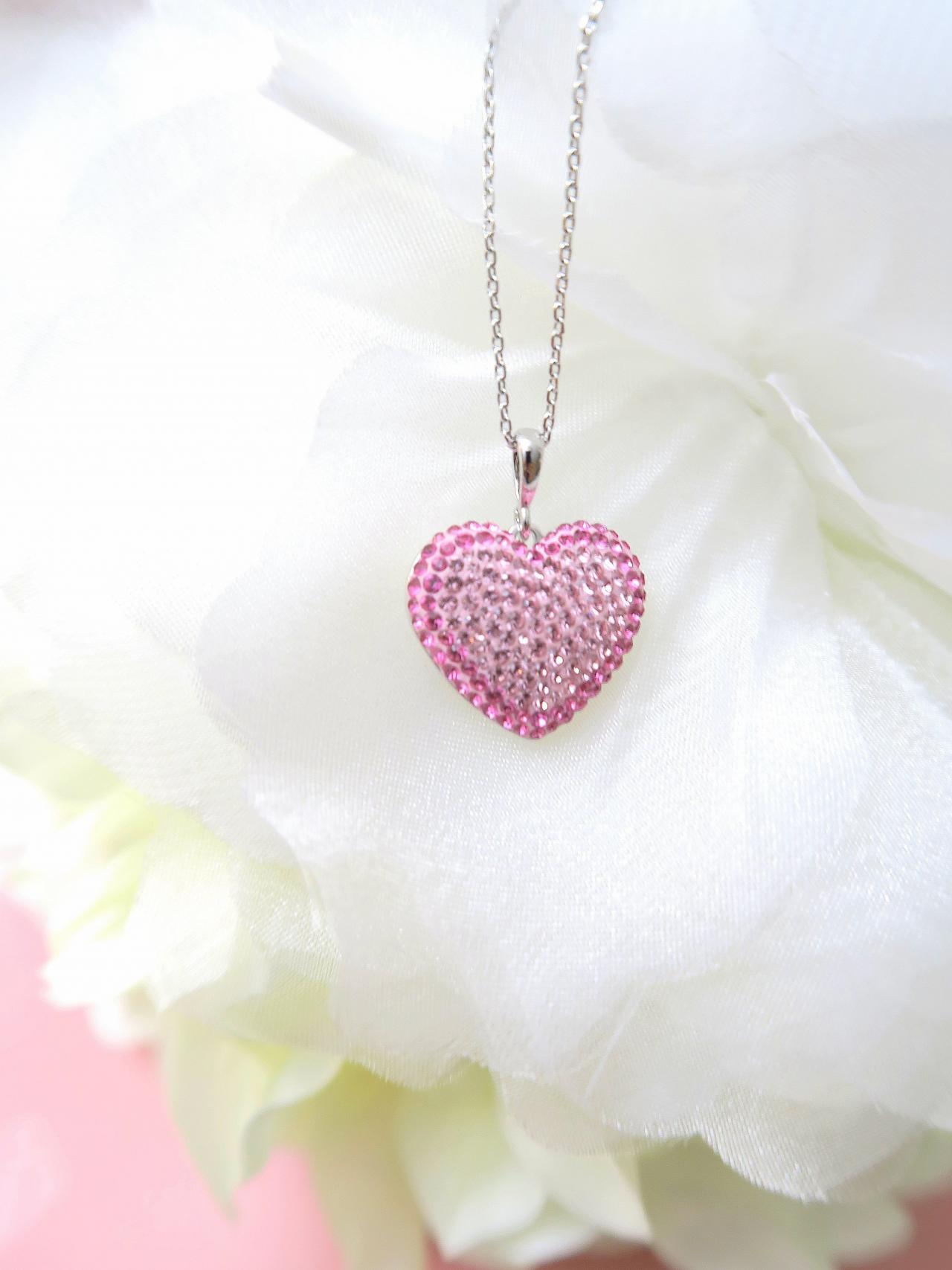 Pink Heart Crystal Charm Necklace Swarovski BeCharmed Pave Heart Crystal Valentine's Day Gift Birthday Gift Mother's Day Gift (N042)